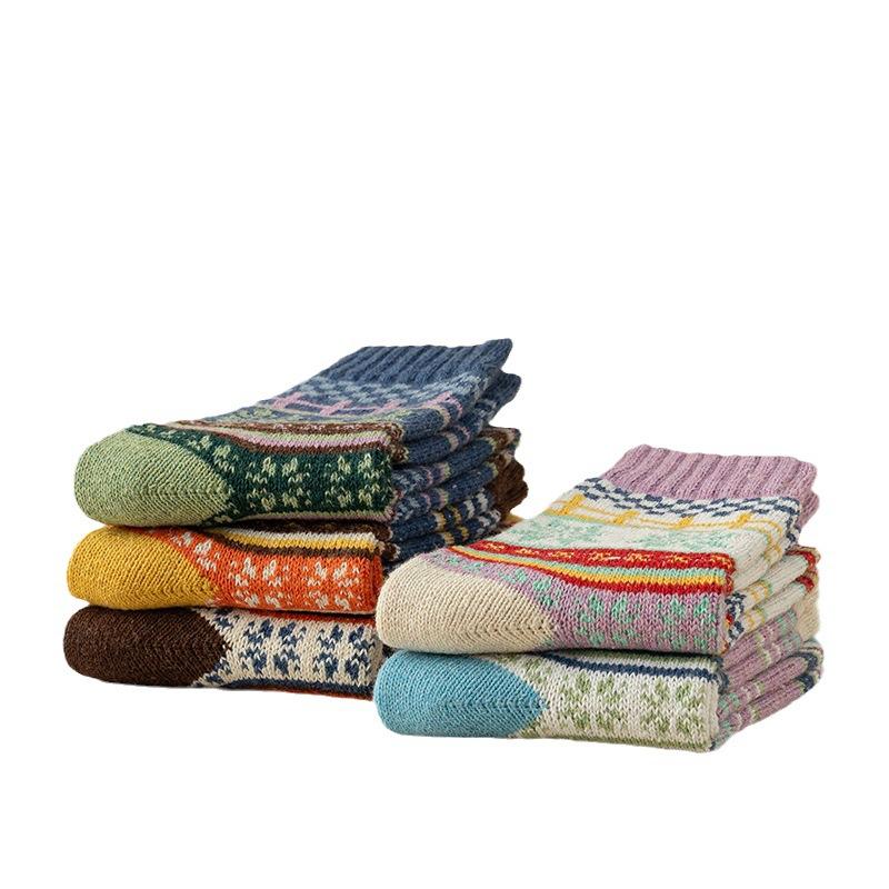 5 Pairs of Women Retro Thickened Warm Ethnic Wind Rabbit Wool Mid Tube Socks