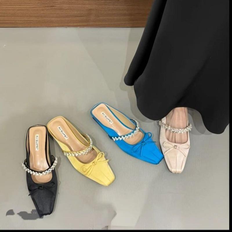 Fashion New Women Square Head Shallow Mouth Flannelette Butterfly Knot Crystal Line with Soft Sole Non-slip Low Heel Shoes Zapatos Mujer