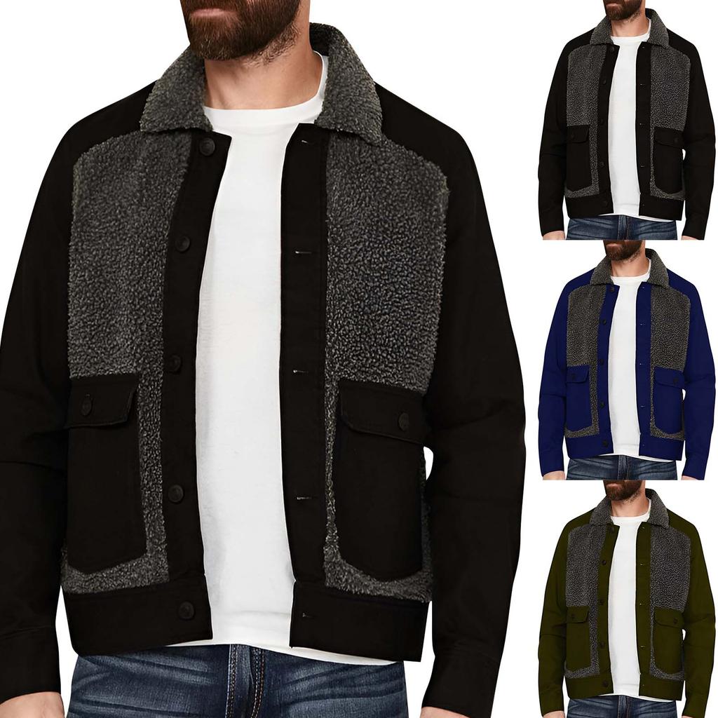 Men's Lapel Warm Jacket Lambskin Splicing Wool Casual Thickened Large Pocket Coat