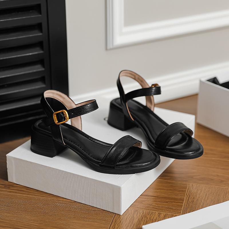 Summer new sandals women step on shit feeling medium heel thick heel one-word buckle belt Roman shoes wear holiday casual beach shoes