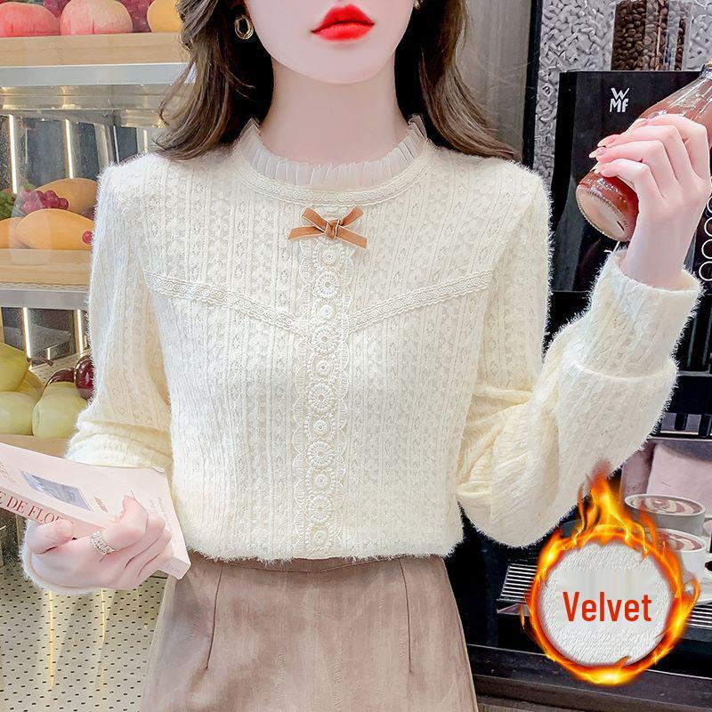 2025 Autumn/Winter Korean Bow Slimming Lace Shirt - Fleece-Lined, Long Sleeve, Versatile Women's Style