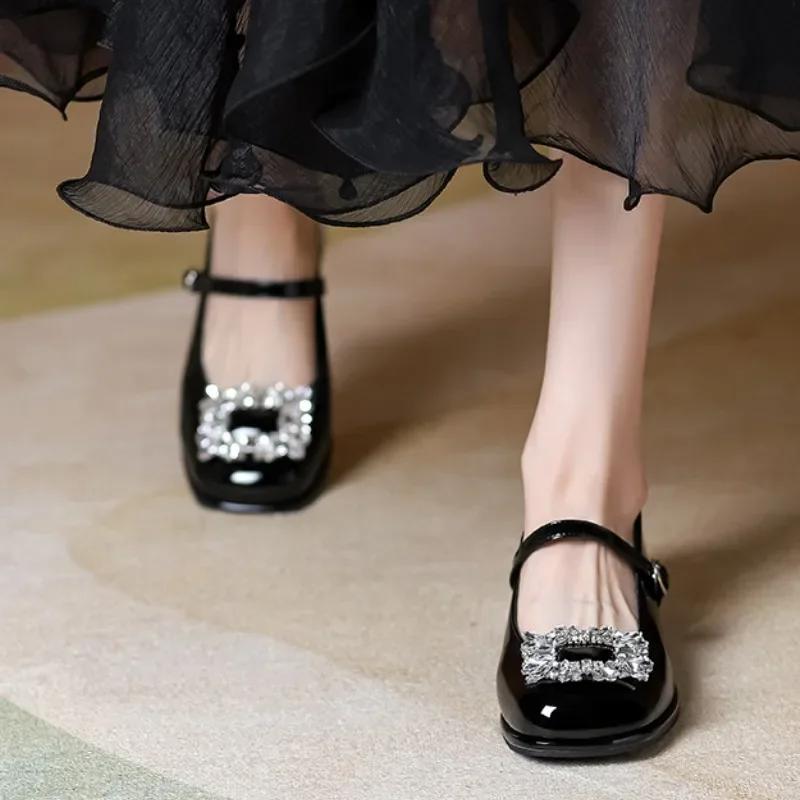 

Модные женские кожаные туфли Мэри Джейн с отделкой стразами, размер 35-42, весна-лето, квадратный нос, классический толстый каблук, низкий каблук 35 чёрный