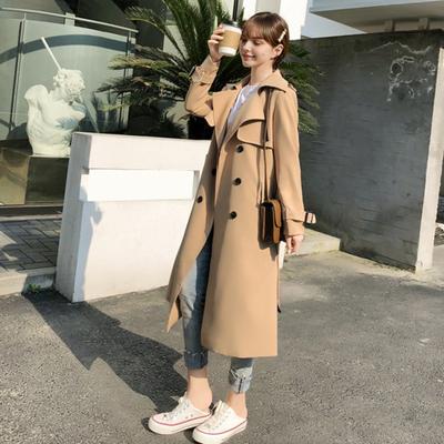 Fall Winter Women Jacket Double-breasted Buttons Solid Color Turn-down Collar with Belt Mid Length Windproof Outdoor Overcoat