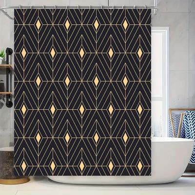 Art Deco Shower Curtain 3D Black Gold Diamonds Pattern Bathroom Decor Waterproof Fabric Shower Panel Set for Kids Bathrooms (128