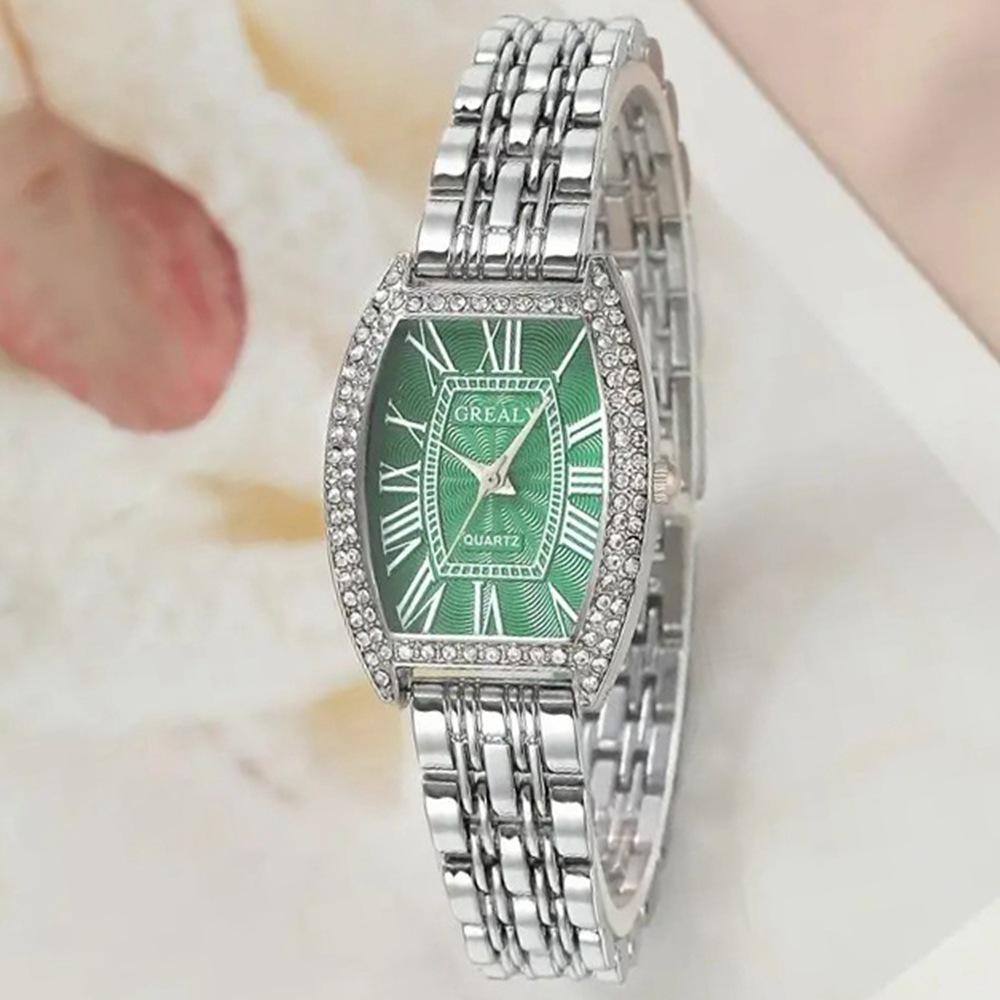 Luxus Damen-Armbanduhr mit Strass-Fass-Zifferblatt und römischen Ziffern - Modisch und lässig