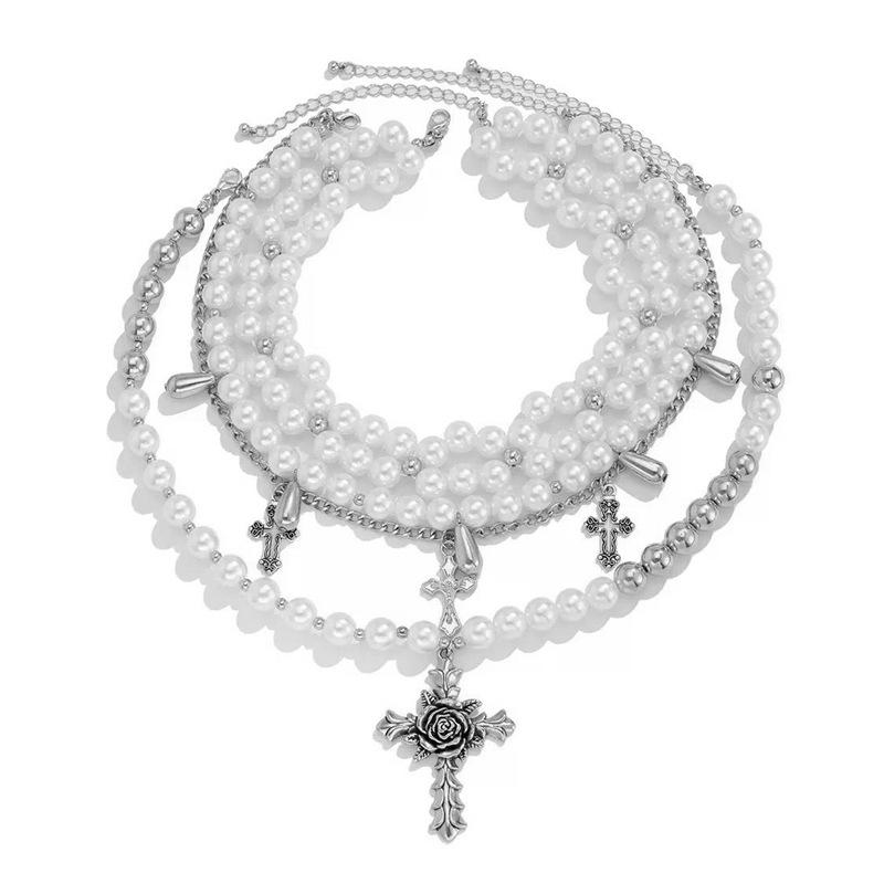 Cross vintage baroque chocker collarbone chain irregular pearl multilayer round bead necklace