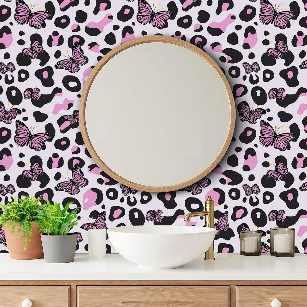 Pink Butterflies Leopard Print Wallpaper 22.83"X118" Waterproof Wallpaper for Living Room/Bedroom/Bathroom PVC Wall Sticker