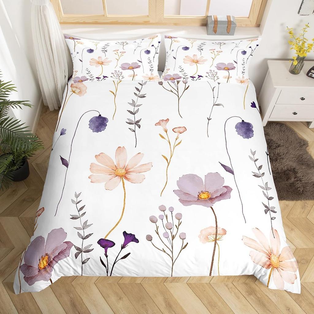 Watercolor Floral Down Duvet Cover Set Queen King Size Simple Pastoral Style Bedding Suitable for Kids Teens Adult Women 3 PCS