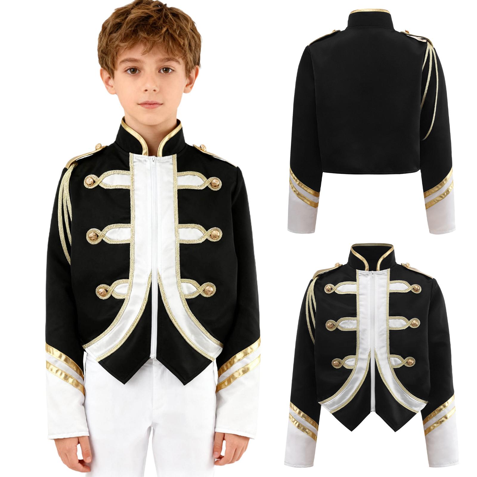 

Kids Honor Guard Trompeta Uniform Long Sleeve Zip Jacket Contrast Color Marching Band Coat for Drum Team Performance Party Attire 5-6 Years