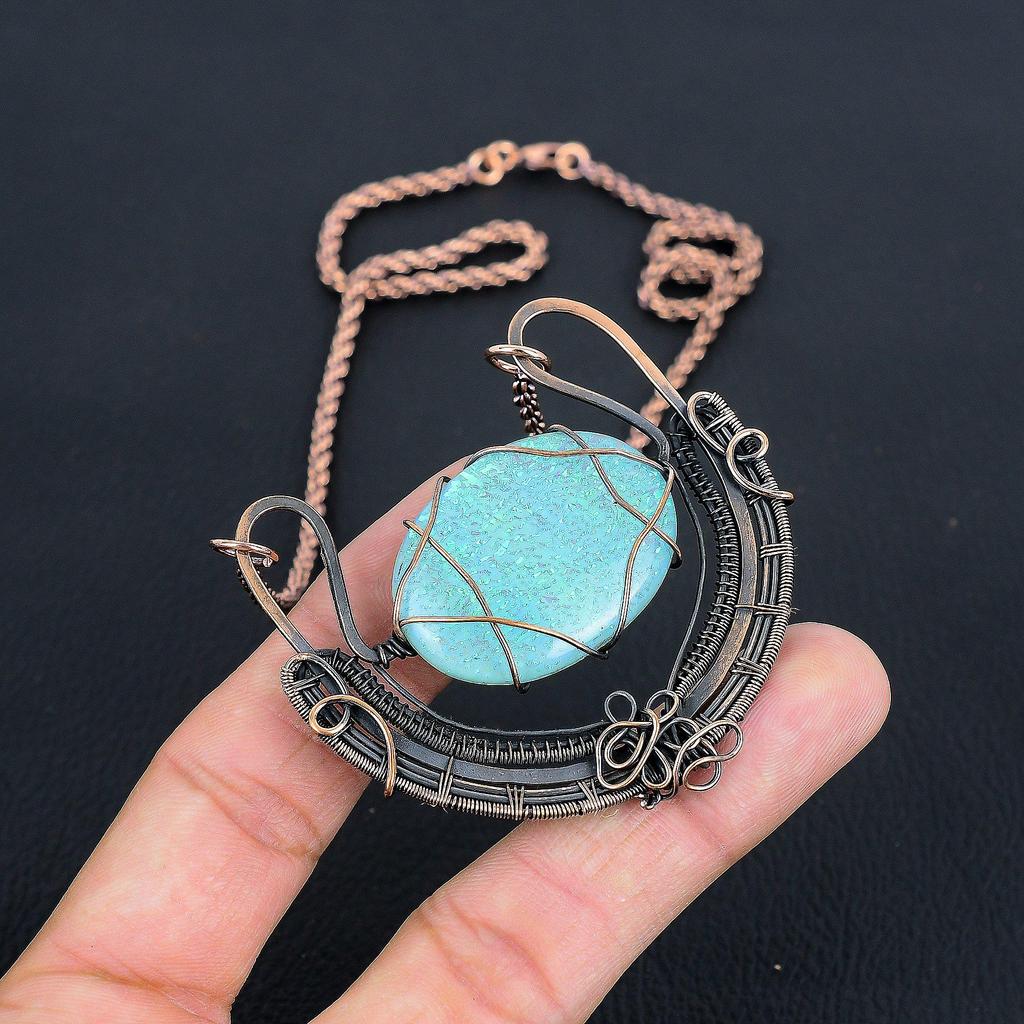 Blauer Australischer Opal Edelstein Handgemachte Kupferdraht Wickelschmuck Designer Halskette für Sie