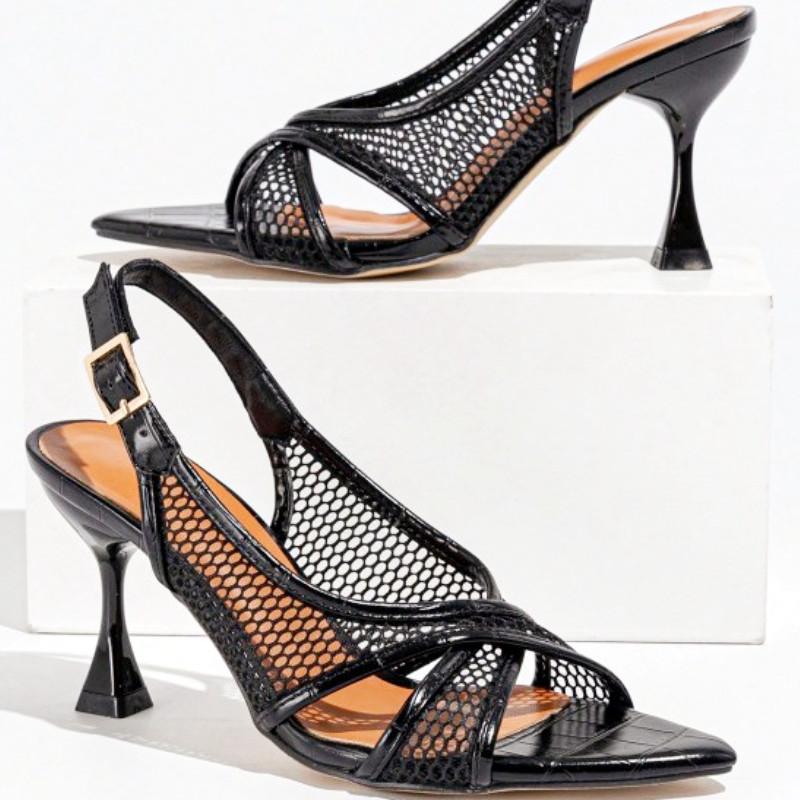 Fashion Mesh Pointed Toe Thin High Heel Women Sandals Fashion Patent Leather buckle strap Large Size Women Shoes Sexy Banquet Party Shoe