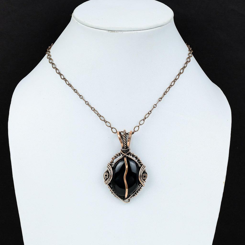 Bijoux en Onyx Noir, Pendentif Enveloppé de Fil de Cuivre 999 Fait Main Bijoux en Pierre Précieuse, Cadeaux Pour Femme Pendentif Tout Neuf