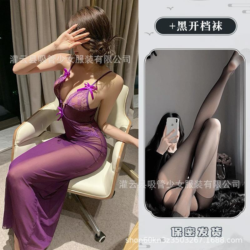 Sexy mesh perspective seduction slim dress sexy lingerie deep V hot