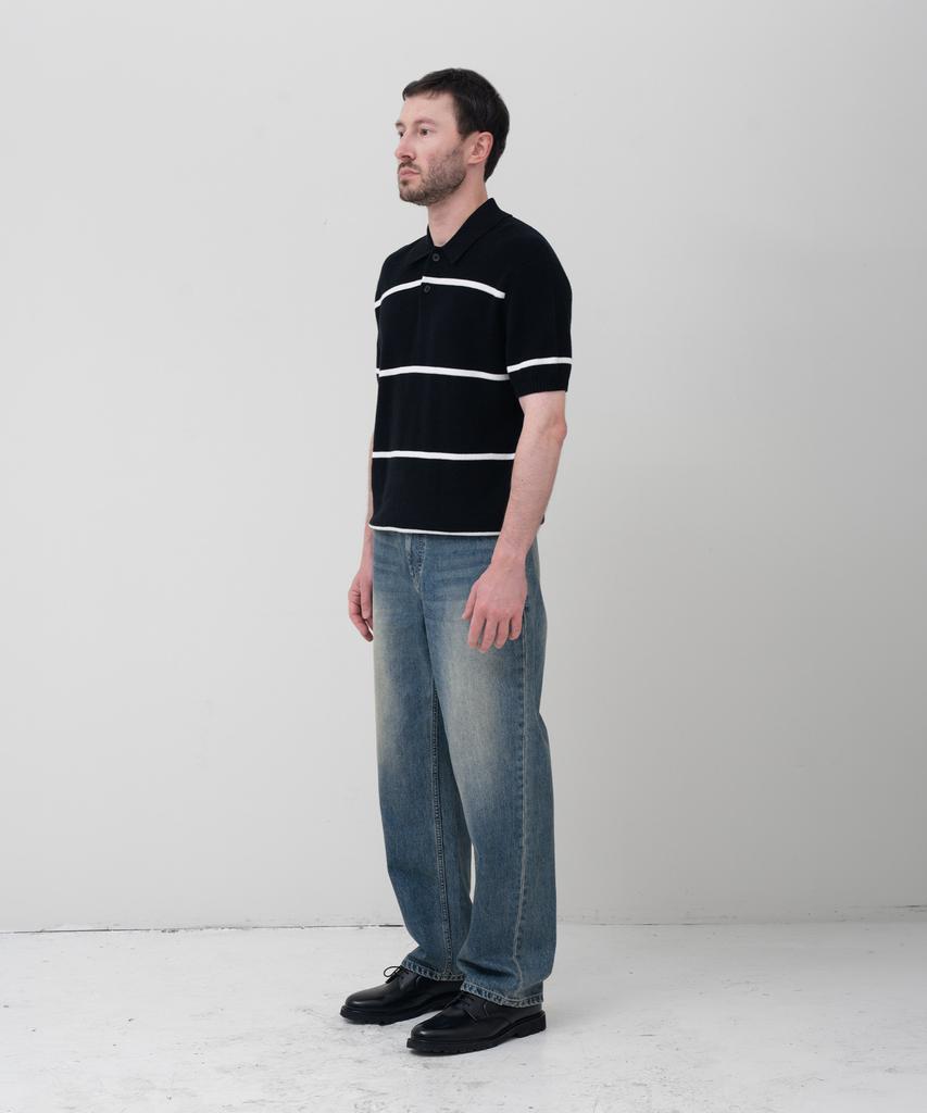 MANNERGRAM Textured Striped 100% Cotton Polo Short Sleeve Knit Black