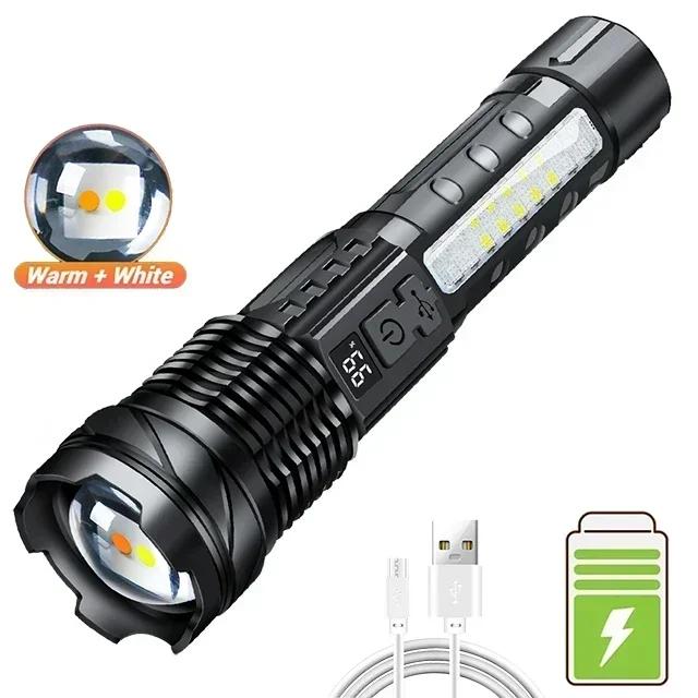 Super Big Flashlight USB Rechargeable Most Strong LED Flash Light Long Range Torch Zoom Outdoor With Digital Power Display