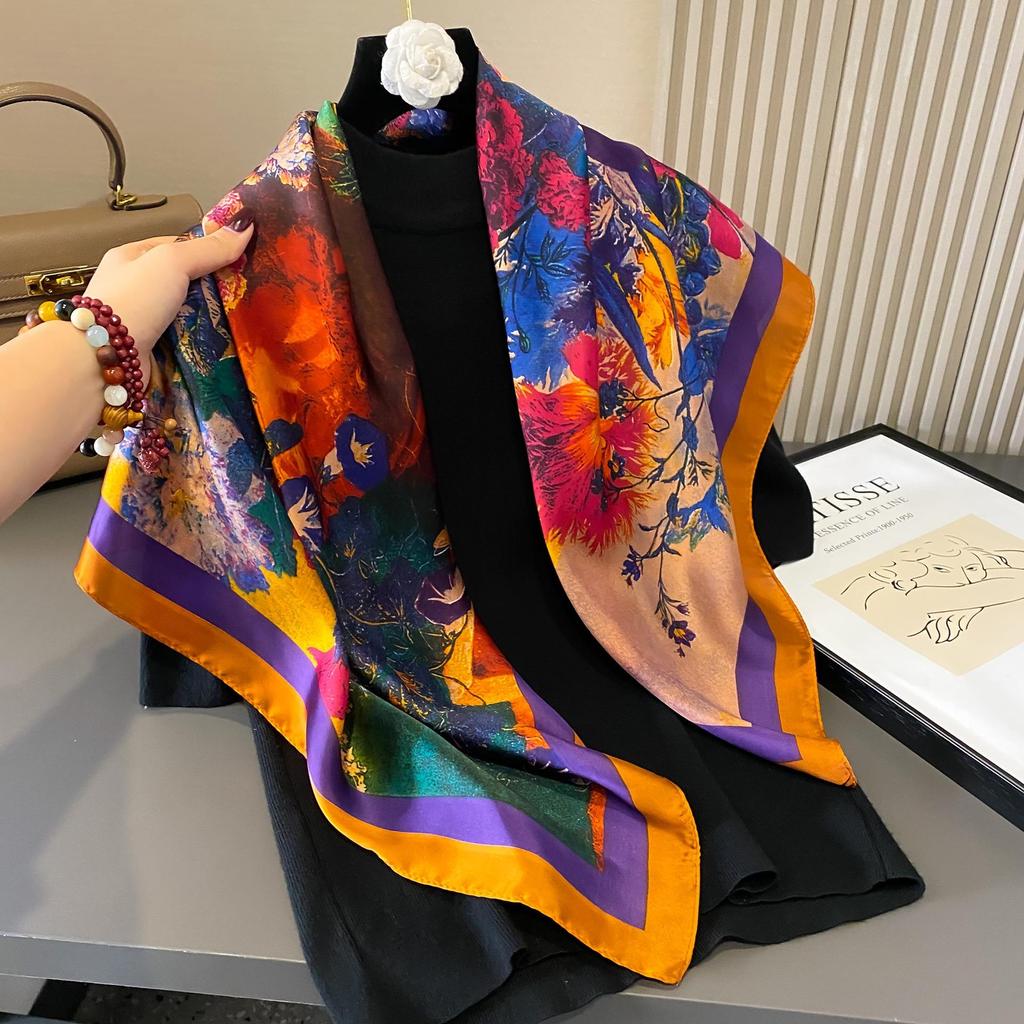 Women's Retro Fashion Mulberry Silk Feel Square Scarf - Summer Faux Satin, Sun Protection, 90cm