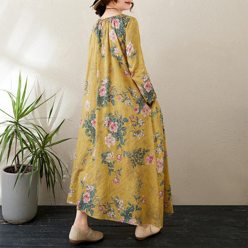 Vestido Casual Solto Estampado de Outono Tamanho Plus Size Gola Redonda Manga Comprida para Mulheres Vestidos