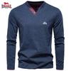 Autumn New Embroidery Men's Fashion Color Cotton Solid Color Long Sleeve T-shirt V-neck Casual Men's Top T-shirt