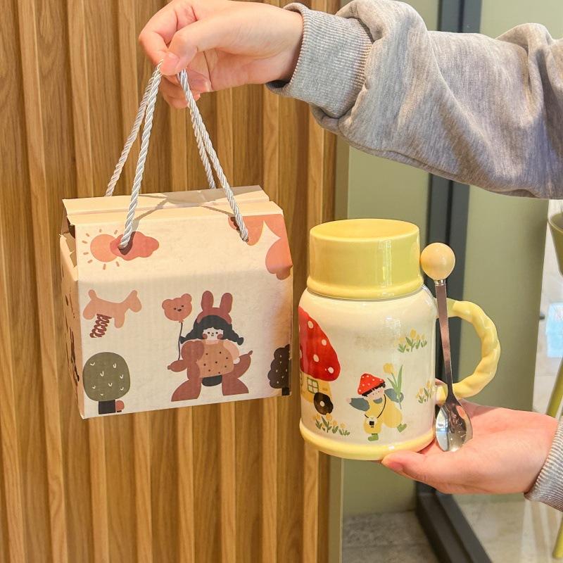 Cute retro kettle high value boys and girls ceramic mug with lid large capacity water cup birthday gift practical