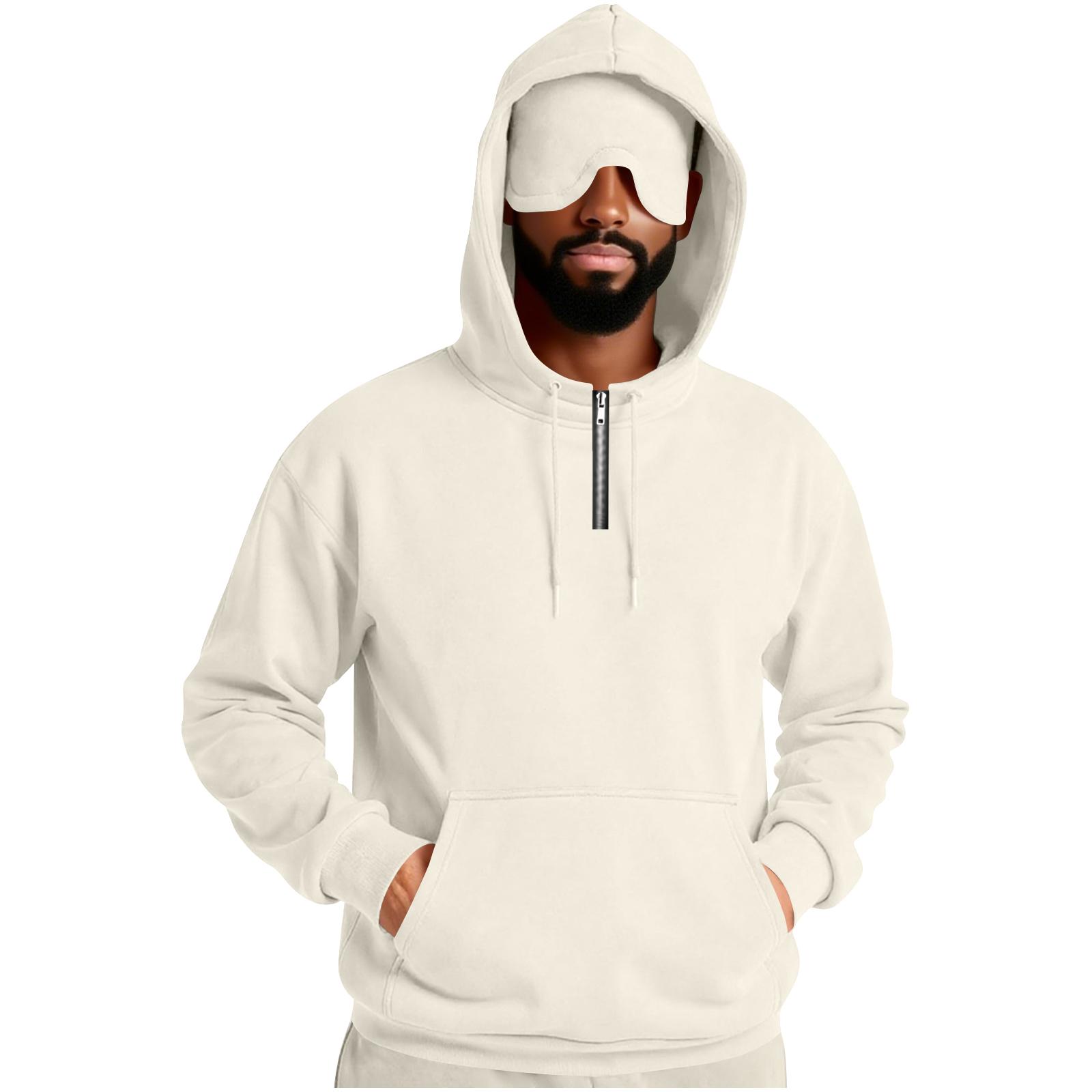 

Men s Solid Color Half-zip Eye Mask Pocket Hooded Sweatshirt L