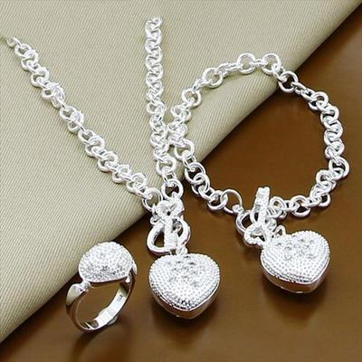 Conjuntos de joias de casamento da moda 925 prata coração colares pulseiras conjunto de anéis para mulheres