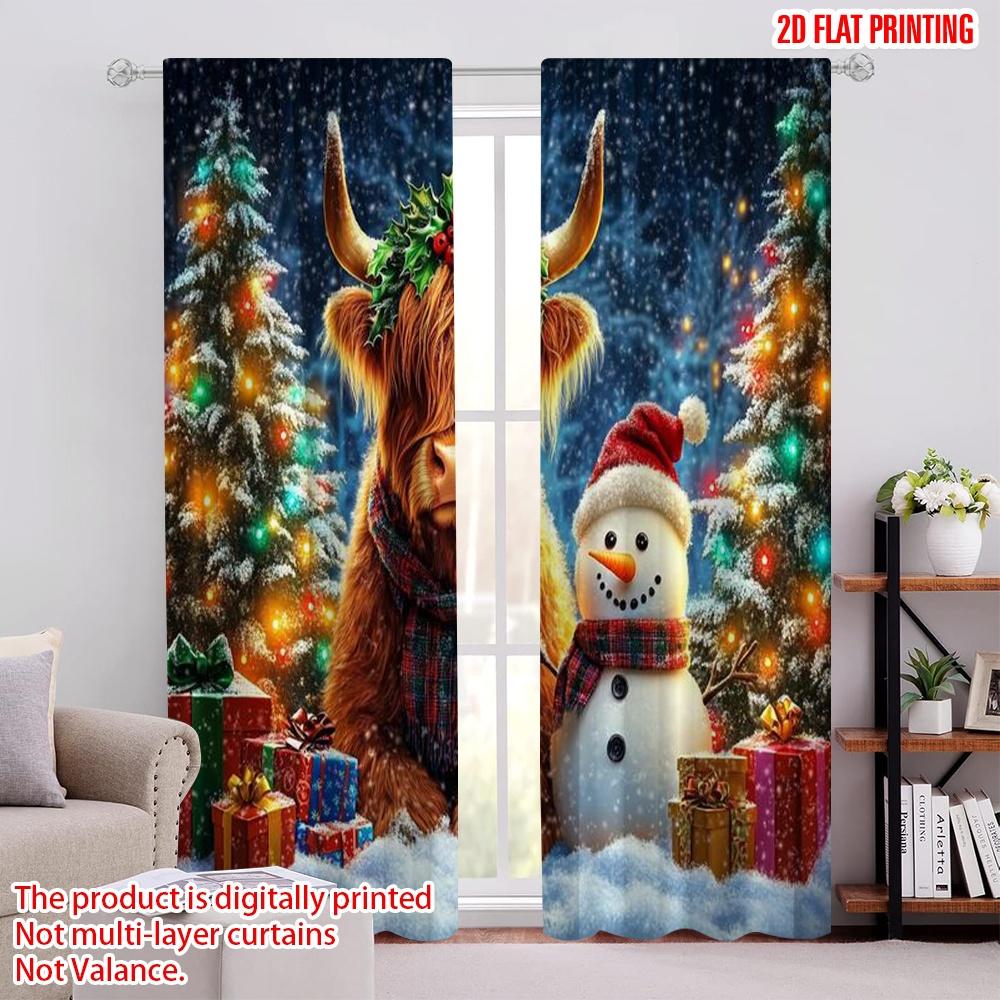 

2pcs 2D flat printing Merry Christmas Curtain Highland Cow and Snowman Christmas Versatile Polyester Fabric Without Electricity 100*130 HOOK 1pcs