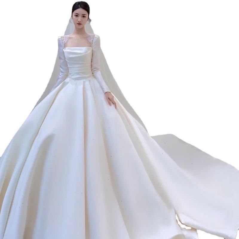 Satin Hochzeitskleid Braut 1011 neues Hauptkleid retro leichtes Hochzeitskleid Ausgehkleid kleiner Mann lange Ärmel unterwegs Prinzessin Frau