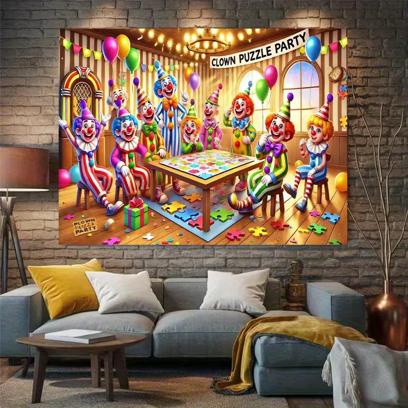 2D Flat Print Clown Puzzle Party Backdrop Colorful Circus Clowns Photography Background