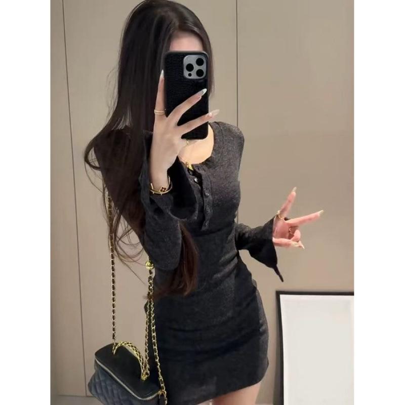 New half-button retro long-sleeved dress for women, waist and thin, sexy slim-fitting hip-wrapped short skirt