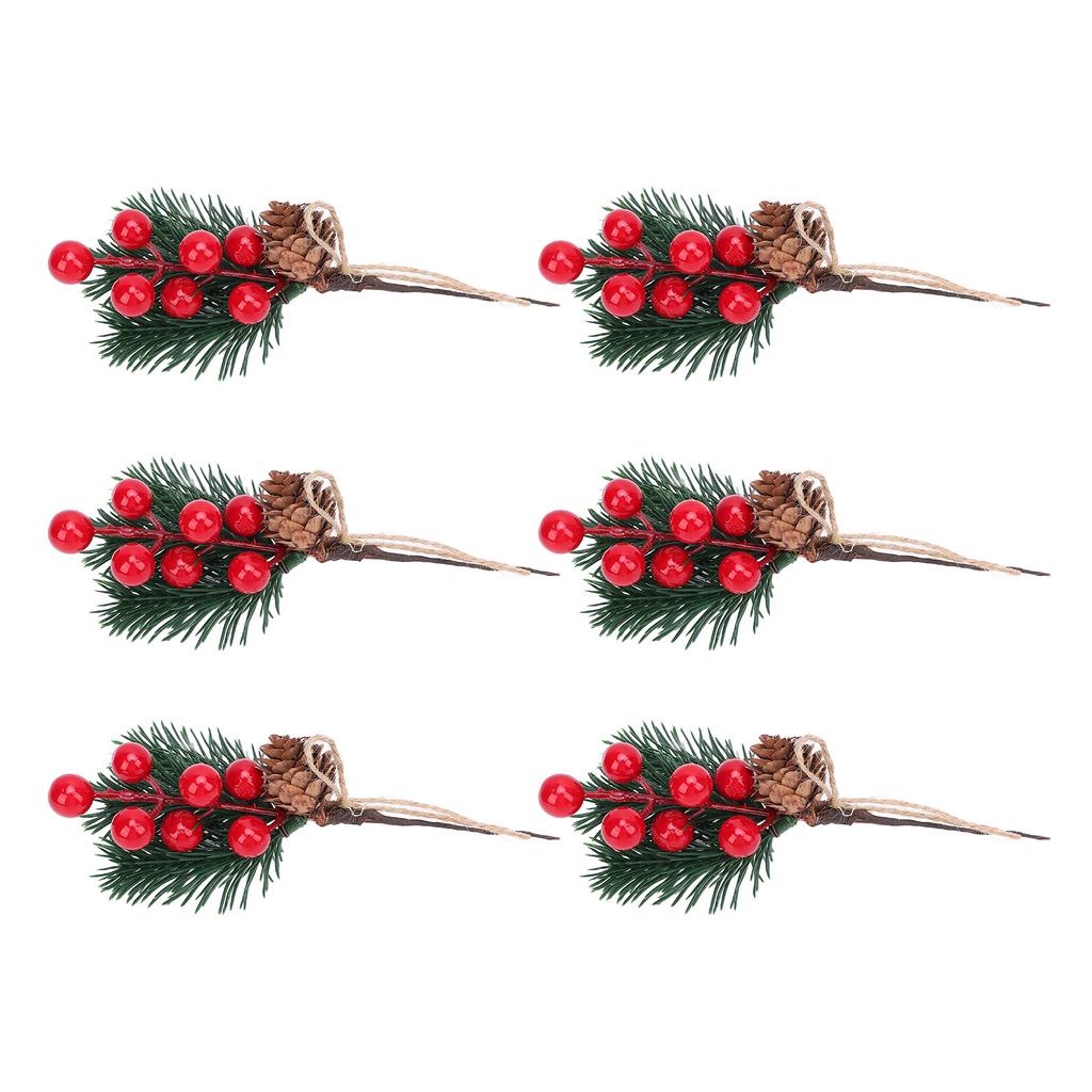 6PCS Artificial Pine Branches with Red Berry and Cone Decorative Pine Needle Picks for Garden