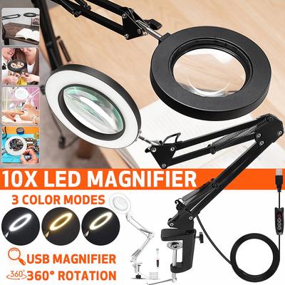 3 Color Modes USB Power Supply Illumination Magnifier Foldable 10X Magnifying Glass Desk Lamp LED Reading Lights