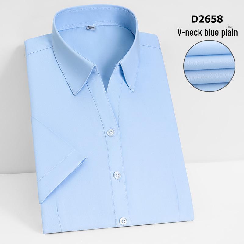 Camisa Social Feminina Slim Fit de Manga Curta - Branca com Listras Azuis, Sem Ferro, Gola V.