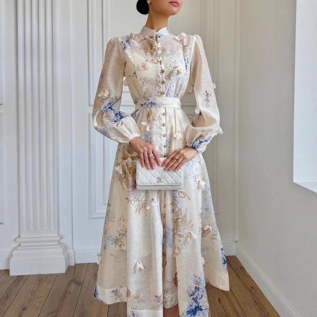 2025 Autumn Women's European & American Style Retro Semi-High Neck Print Elegant Dress