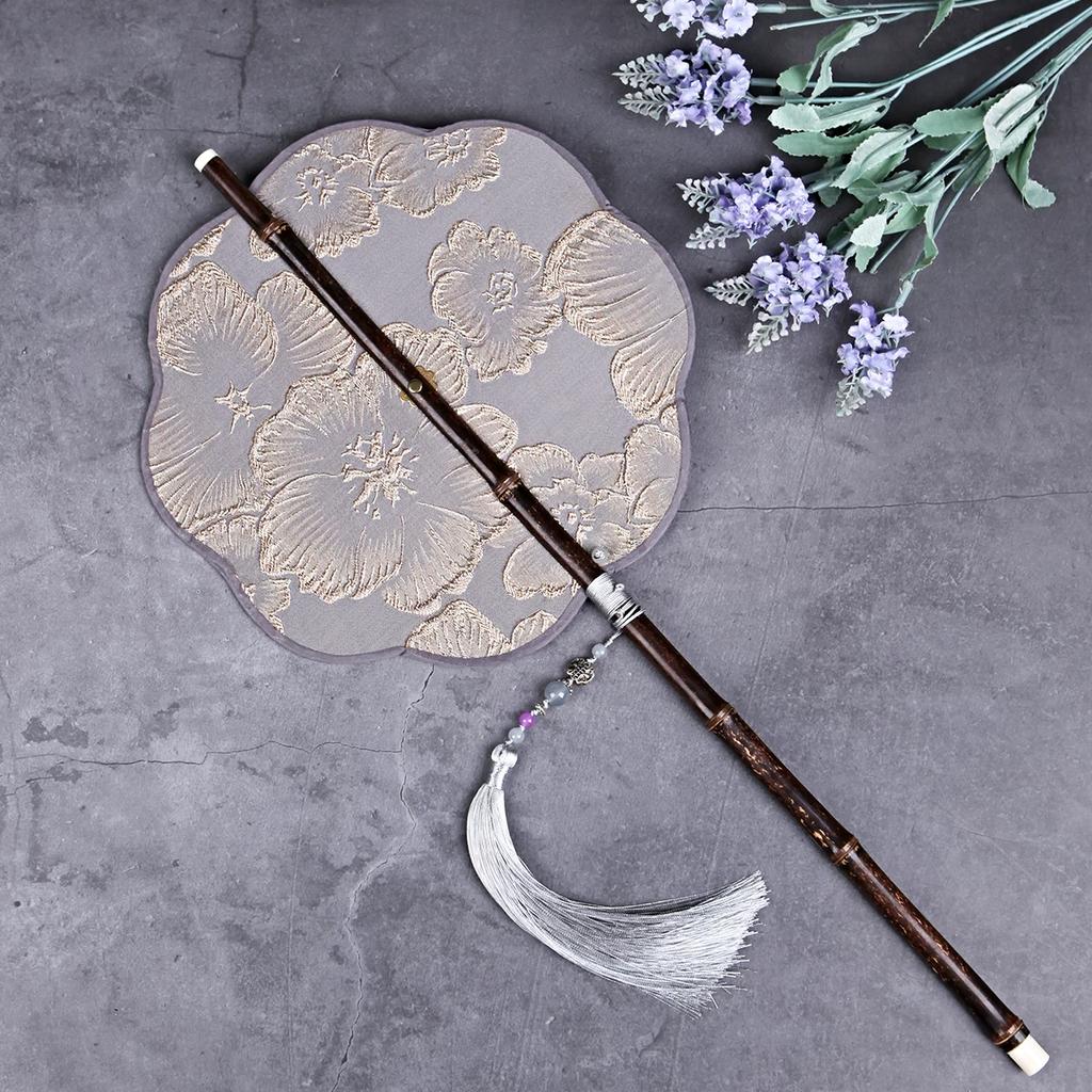 Chinese Ancient Style Black Bamboo Waist Fan Han Dynasty Circular Fan Chinese Style Long Handle Tassel Curling Folding Fan Classical Portable Wrist