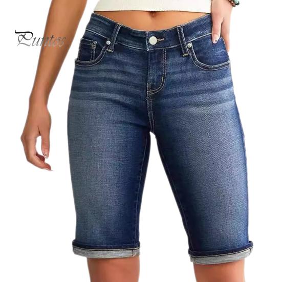

Женские джинсовые шорты длиной до колена, ретро-стиранные, облегающие, эластичные, с эффектом потертости, градиентные цвета, карманы, на пуговицах на талии, на молнии, женские джинсы на каждый день M темно-синий