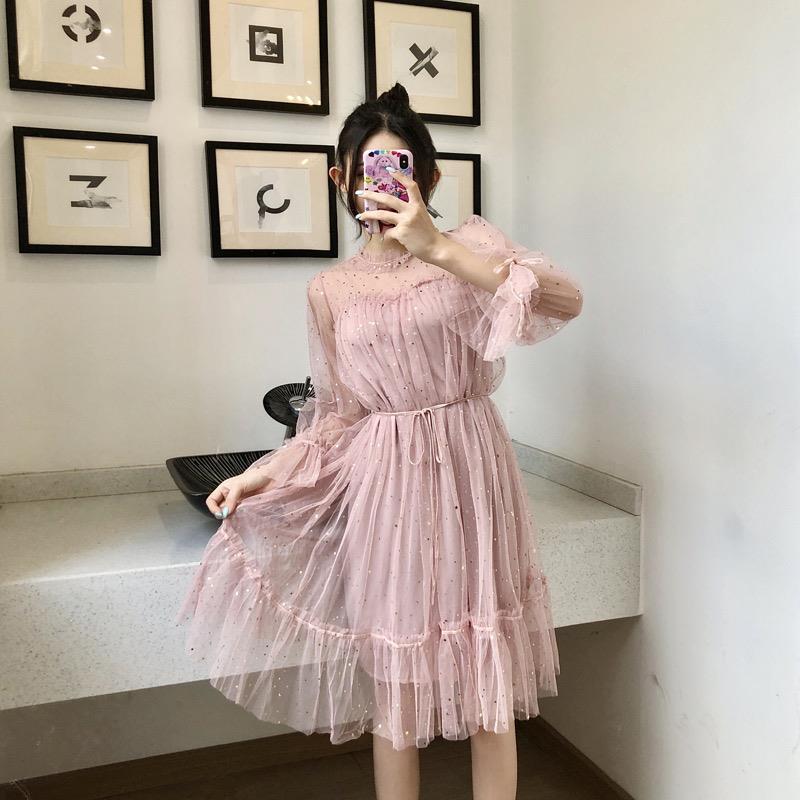 2026 Spring/Summer Star Sequin Fairy Dress with Mesh Bell Sleeves and High Waist Lace-up Design