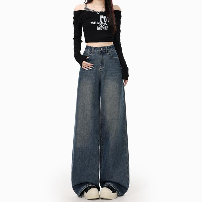 American Retro Elastic Wide-leg Jeans Women's Autumn New High-waisted Loose Spice Girl Wind Straight Mopping