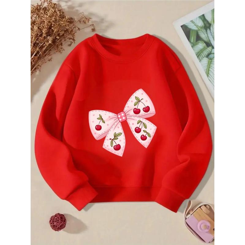 European sizes Crewneck Sweatshirt for Kids Featuring a Cherry Design with a Pink Bow And Polka Dots. Perfect for Sports And Casual Outings