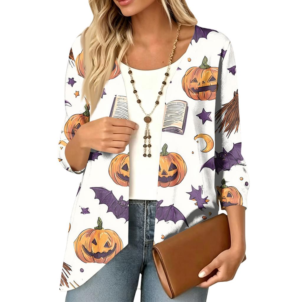Women's Halloween Print 3/4 Sleeve Lightweight Loose Fit Cardigan for Casual Wear