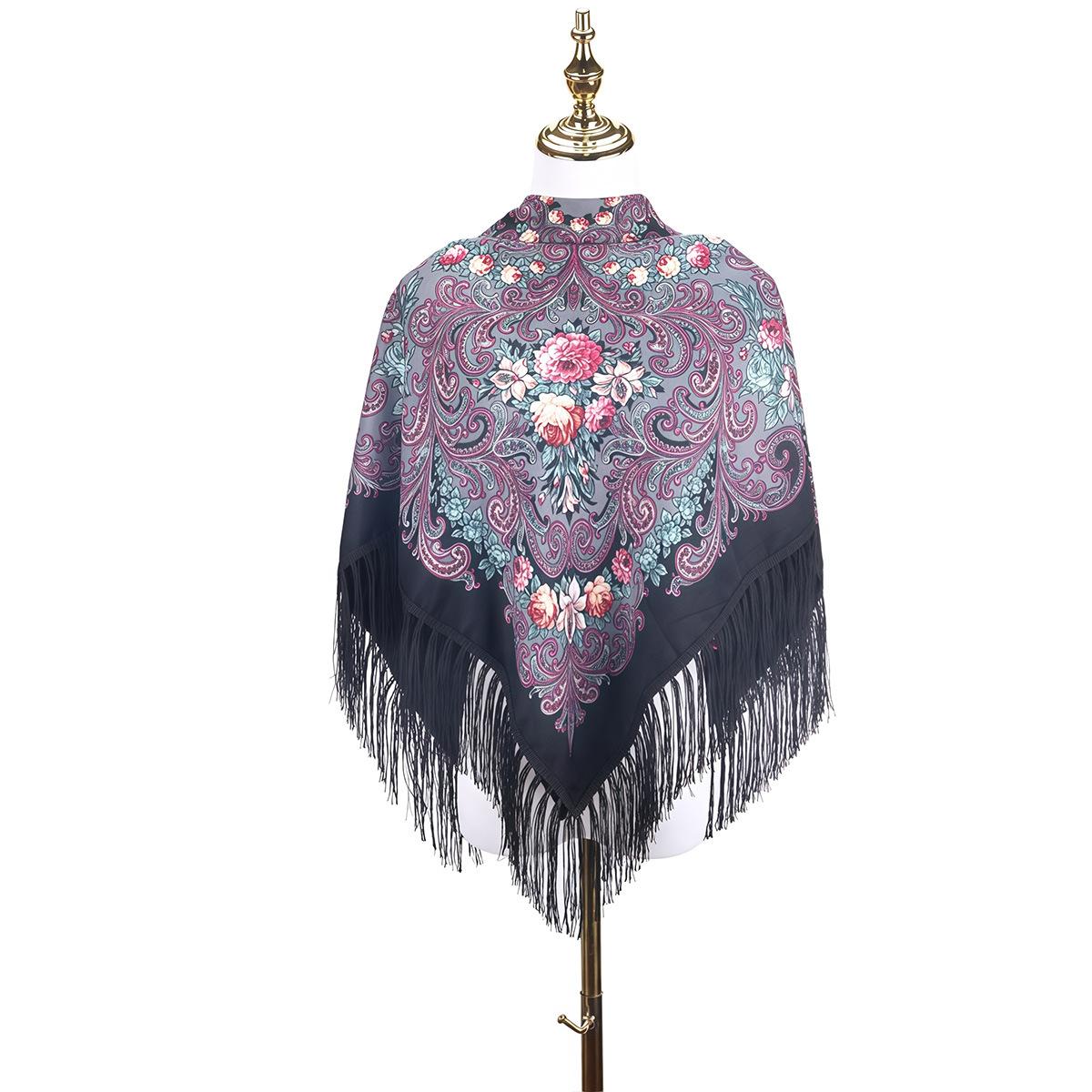 

Ladies Printed Tassel Shawl Spring And Autumn Square Thin Design Breathable Ethnic Style Scarf Sun Resistant Muslim Headscarf чёрный