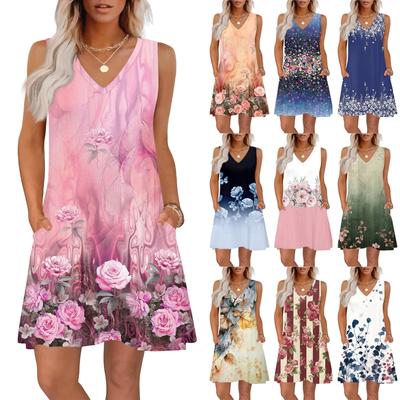 Women's Summer Dresses Loose Fit Printed V Neck Sleeveless Sundresses Beach Hawaiian Dress With Pockets