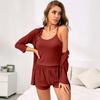 Ladies Three-Piece Homewear Pajamas Women's Suspenders Shorts Outer Robe Bathrobe Leisure Pajamas Set Homewear Set