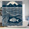Modern Artistic Blue and White Fish and Mountain Pattern Waterproof Shower Curtain for Stylish Bathroom Decor, Easy Instal