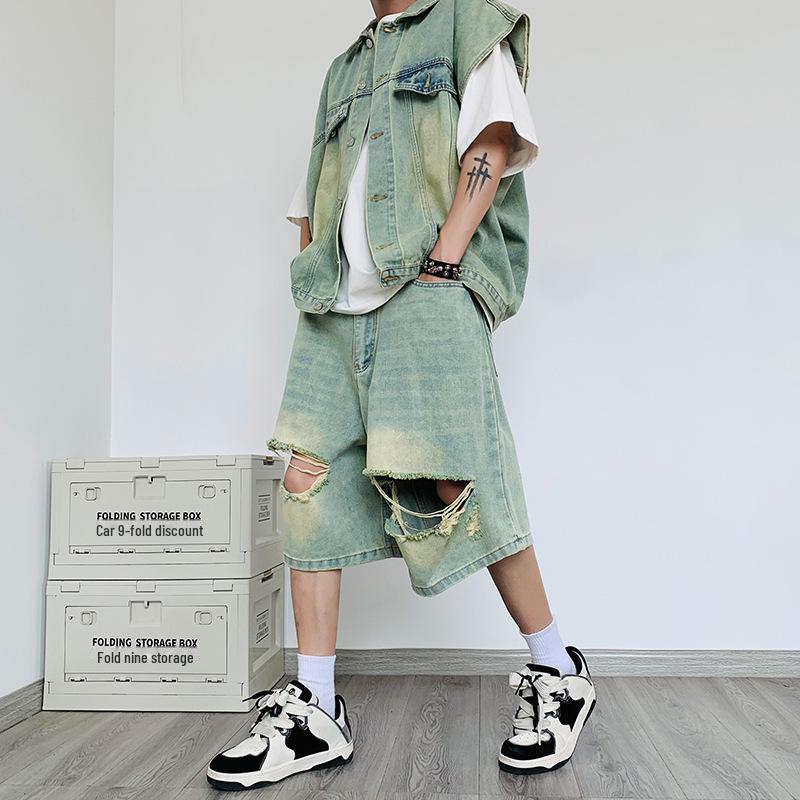 

Мужской летний корейский стиль джинсовый комбинезон из двух частей: Свободный жилет без рукавов и повседневные рваные шорты L светло-синий