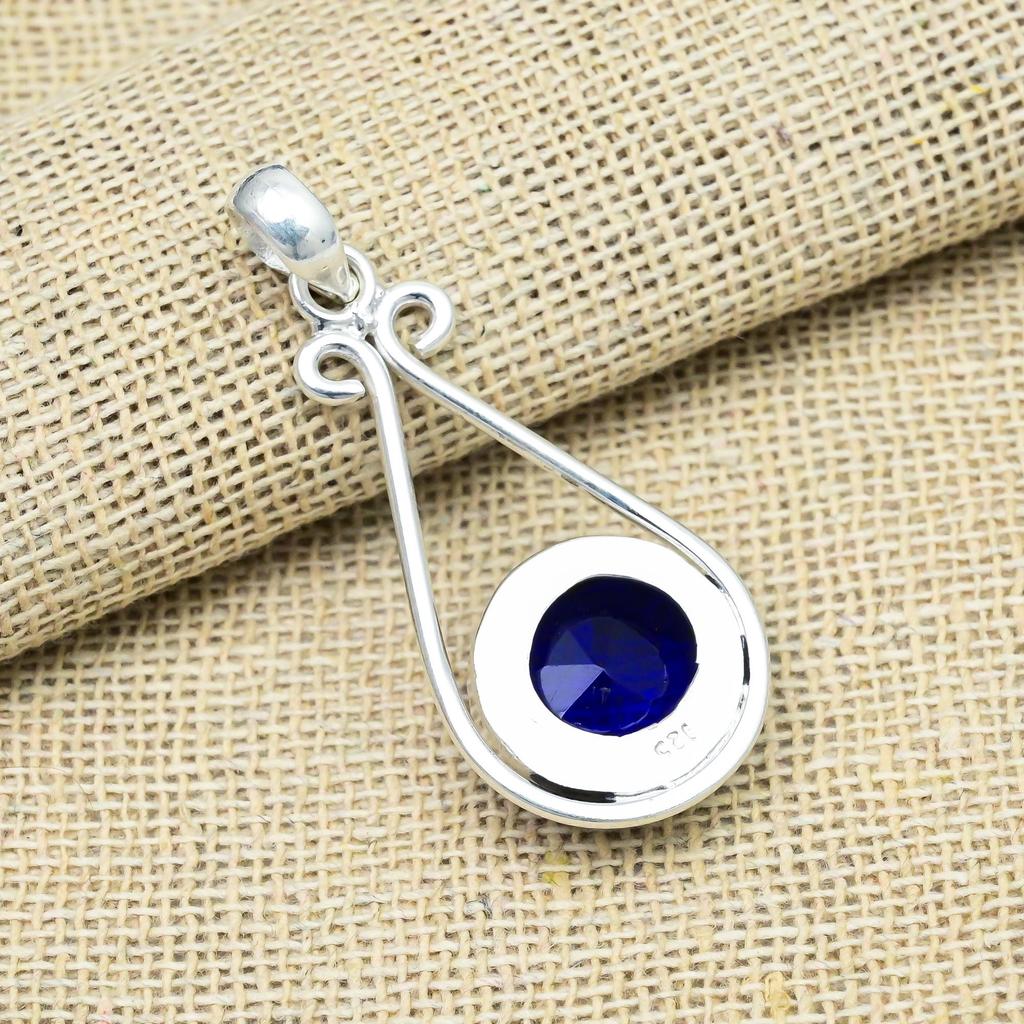 Blue Sapphire Lab-Created Gemstone 925 Sterling Silver Jewelry Handmade Pendant Gift For Wife