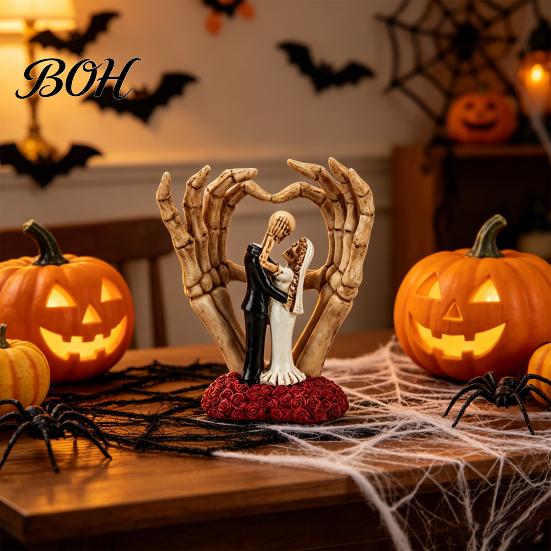 Gothic Themed Resin Collectible Skeleton Couple And Hand Ornament, with Rose Base, Durable Dark Romantic Halloween Decoration Skull Wedding Decor, for