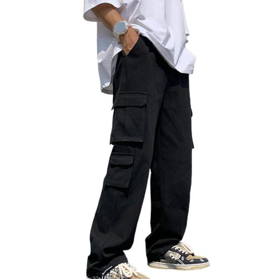 Men Cargo Pants Solid Color Hip-hop Style Loose Pattern Multi Pockets Elastic Waist Men Trousers Daily Clothes
