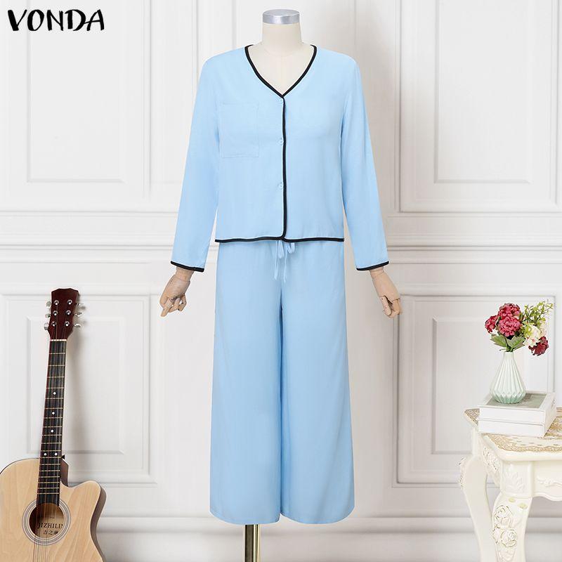 VONDA 2PCS Women Casual Long Sleeve Blouse and Pants Stitching Two Piece Suit Sets