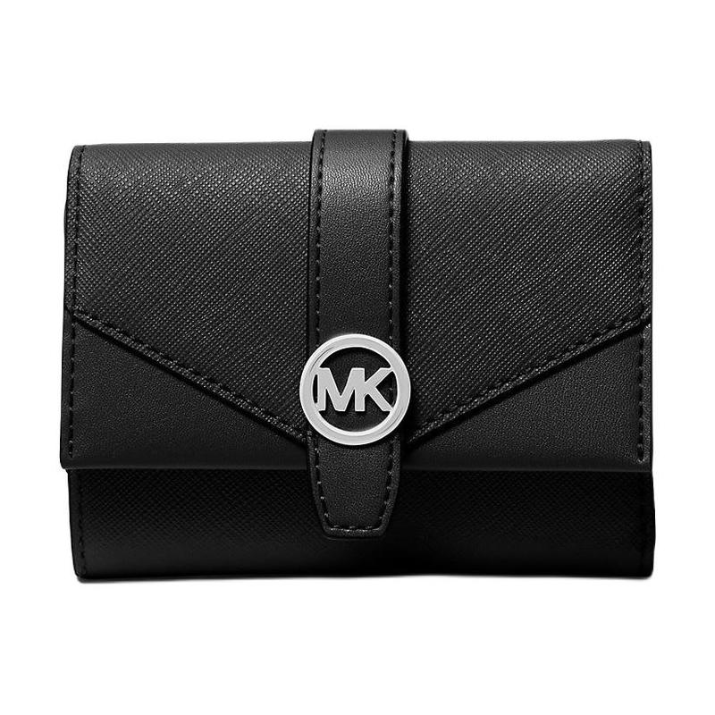 MICHAEL KORS Greenwich Silver Metal Snap Tri-fold Design Leather Wallet Medium Size Unisex Couple Black чёрный