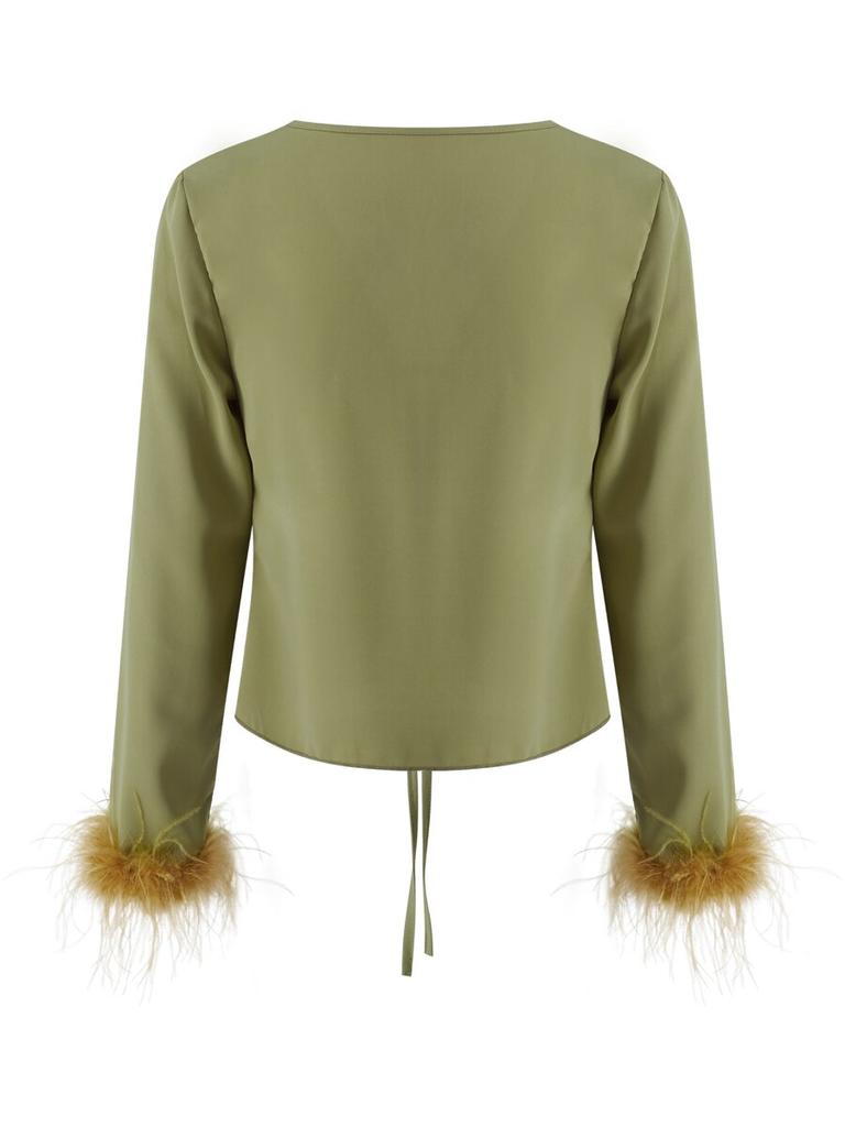 Women Spring Autumn Crop Tops Long Sleeve V-neck Lacing Feather Slim Fit Autumn Shirts for Club Party